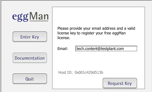 Eggplant Manual license panel request screen