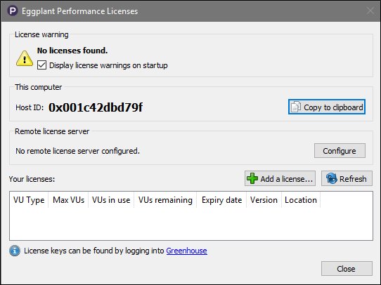 The licensing dialog box in Eggplant Performance Test Controller