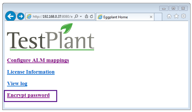 Eggplant Integrations for HP ALM Home page with the Encrypt password option highlighted