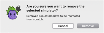 La fenêtre de dialogue Supprimer le simulateur dans iOS Gateway