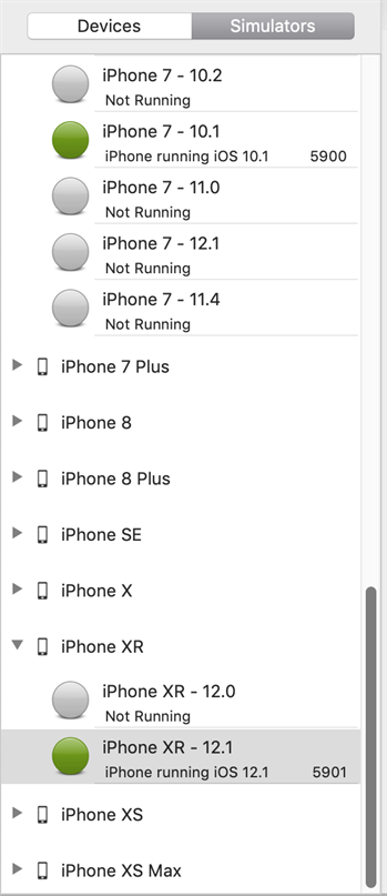 The Simulators list in iOS Gateway, shown with two simulators running. Click image to view larger.