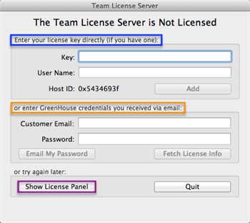 Mac上のTeam License Serverライセンスパネル