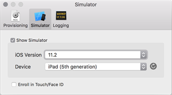 The Simulator dialog window in iOS Gateway