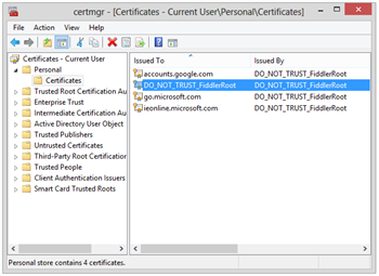 Personal certificate manager window