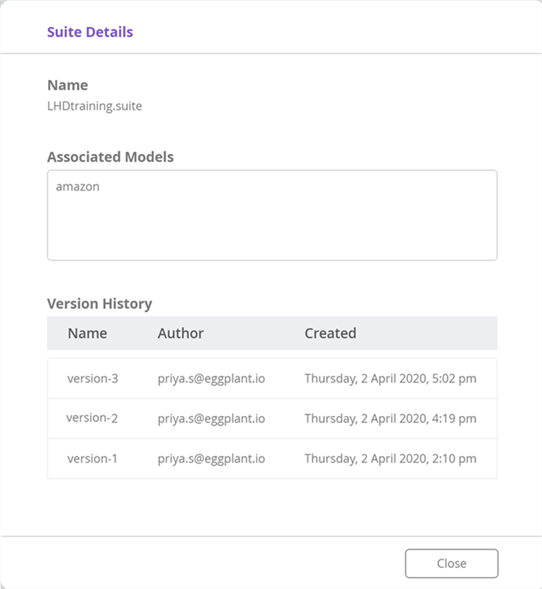 view suite details such as version history, author name, and the date/time when it was uploaded. 
