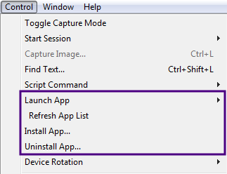 Control menu highlighting install and uninstall