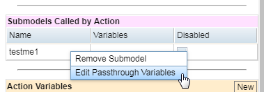 Right-click a submodel in the Submodels Called by Action section to associate the variables you want to pass to an Eggplant AI submodel