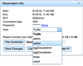 Eggplant Automation Cloud users with administrator privileges can change reservations in the Reservation Info window