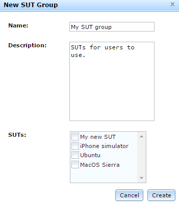 New SUT Group window in Eggplant Automation Cloud