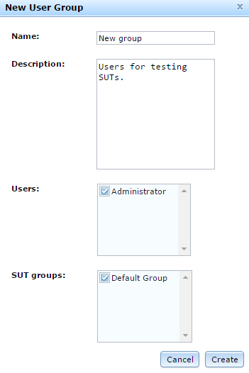 The New User/SUT Group dialog box in Eggplant Automation Cloud