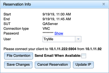 Reservation Info window for Admin users in Eggplant Automation Cloud