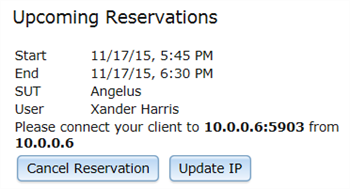 Reservation in Eggplant Automation Cloud. Shows IP address and port for connecting to third-party testing tools.