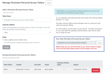 Location of Manage Persistent Personal Access Tokens section