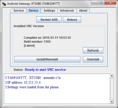 The Device screen in Android Gateway lets you work with connected devices and the VNC server.