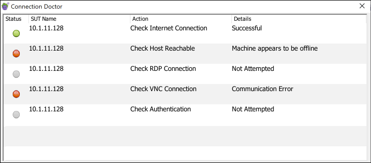 The Connection Doctor shows results of status checks for connection attempts