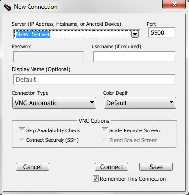 The New Connection dialog box for creating a VNC SUT connection in Eggplant Functional