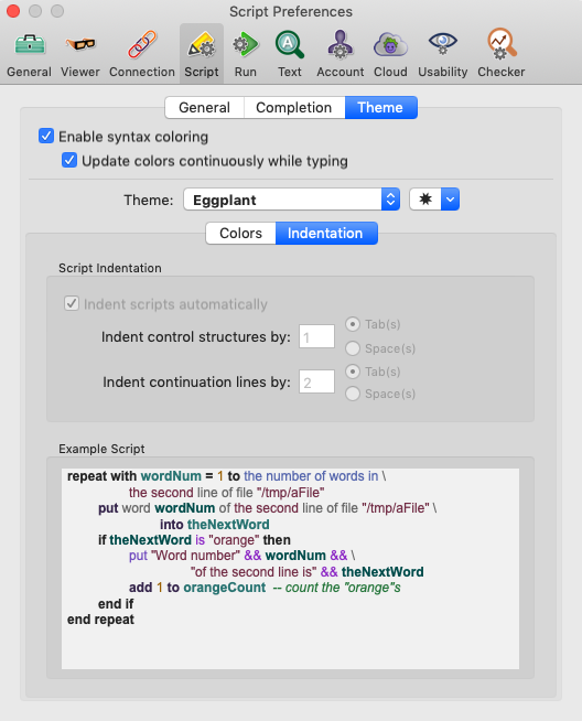 Script Preferences Theme tab Indentation in Eggplant Functional
