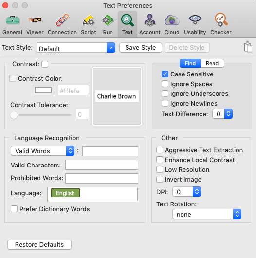 Text Preferences panel in Eggplant Functional