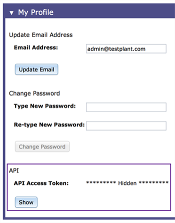 API Access Token in Eggplant Manager Account Settings page
