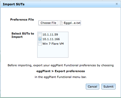 Import SUTs window with SUTs listed in Eggplant Automation Cloud