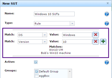 The New SUT dialog box in Eggplant Manager showing a rule-based SUT for Windows 10 environments