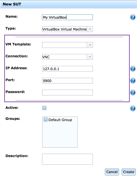 The VirtualBox Virtual Machine section of the New SUT dialog box in Eggplant Automation Cloud