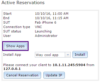 Install app and Show App button from reservation window in Eggplant Automation Cloud