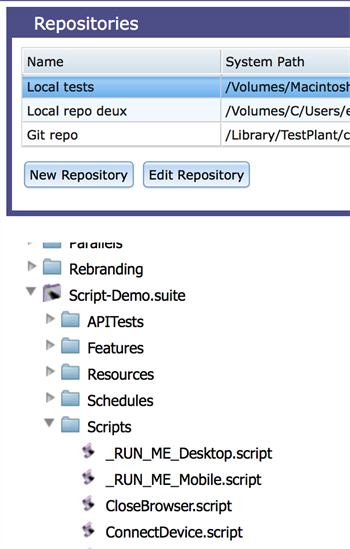 File browser showing suites in a selected repository in Eggplant Manager