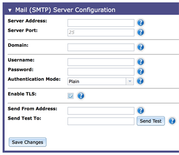 The Mail (SMTP) Server Configuration section in Eggplant Manager System Preferences