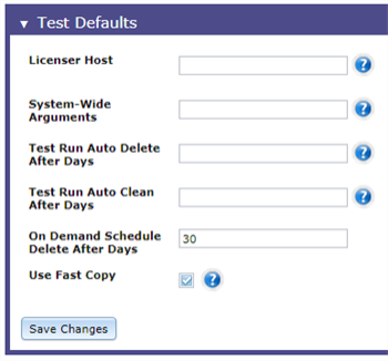 The system-wide test default settings panel in Eggplant Manager