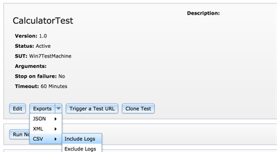 Test Description panel showing export options