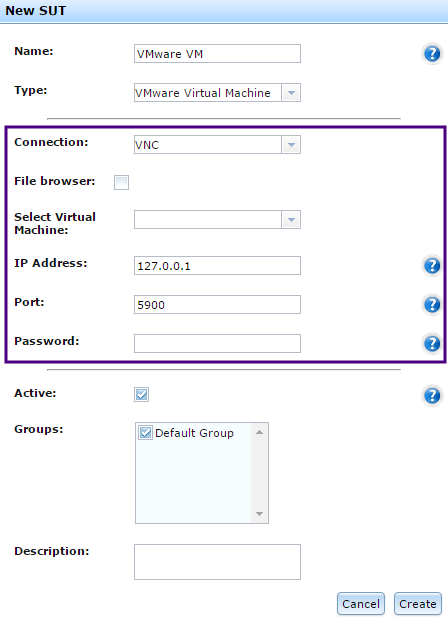 The VMware Virtual Machine section of the New SUT dialog box in Eggplant Manager