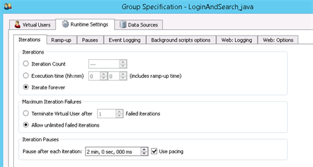 Iterations tab in the Group Specification Runtime Settings