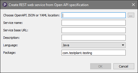 Create new REST web service from OpenAPI specification dialog box configured for Java