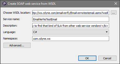 Create Service dialog box configured to create the service in C# and populated with information from WSDL