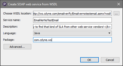 Create web service dialog box populated with information from the WSDL and configured for Java