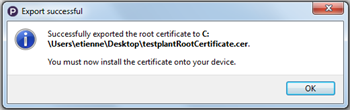 The Export successful dialog box for root certificates in Eggplant Performance Studio