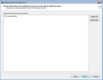 Choose which methods to create calls for panel in the Generate Script from Web Service wizard