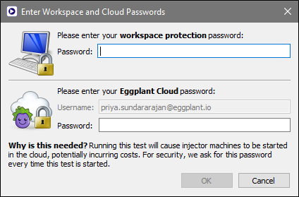 Enter Cloud Password dialog box when starting a test in Eggplant Performance Test Controller