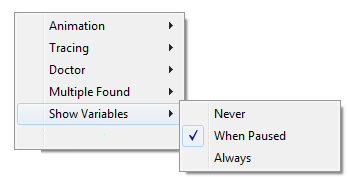 Show Variables menu on the Run window toolbar