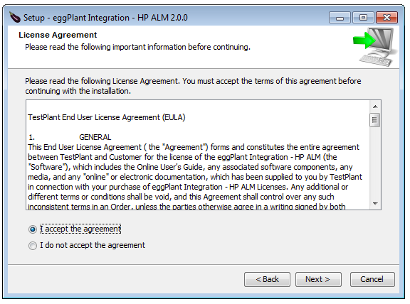 Eggplant Integrations for HP ALM Setup Wizard License Agreement panel
