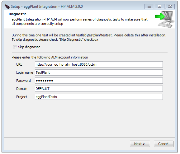 Eggplant Integrations for HP ALM Setup Wizard Diagnostic panel