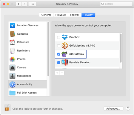 The Privacy > Accessibility section of Mac System Preferences