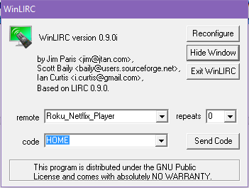 The WinLIRC GUI panel, where you can send test codes and reconfigure your setup