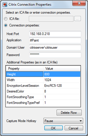 Citrix Connection Properties dialog box window in Eggplant Performance