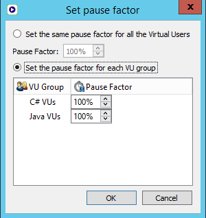 Set Pause Factor dialog window in Eggplant Performance Test Controller