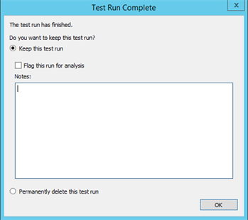 The Test Run Complete dialog box in Eggplant Performance Test Controller