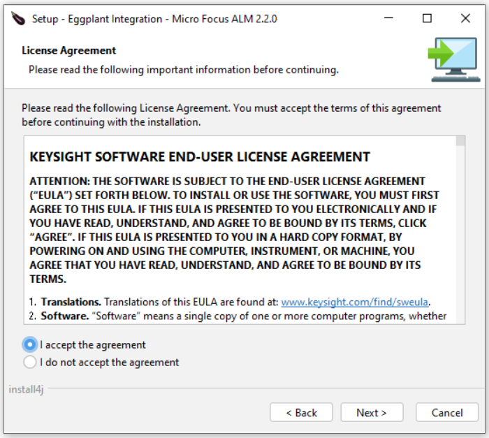 Eggplant Integration for HP ALM Setup Wizard License Agreement panel