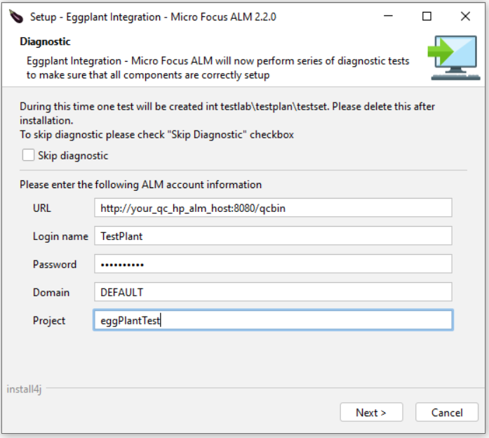 Eggplant Integration for HP ALM Setup Wizard Diagnostic panel