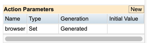 
An example action parameter with **Name: browser**, **Type: Set**, **Initial Value:** left empty, and **Generation: Generated**; Generated means DAI generates the value at runtime, and you can later override it in a test case, test config or snippet (If you set an Initial Value for a generated parameter, DAI ignores it)